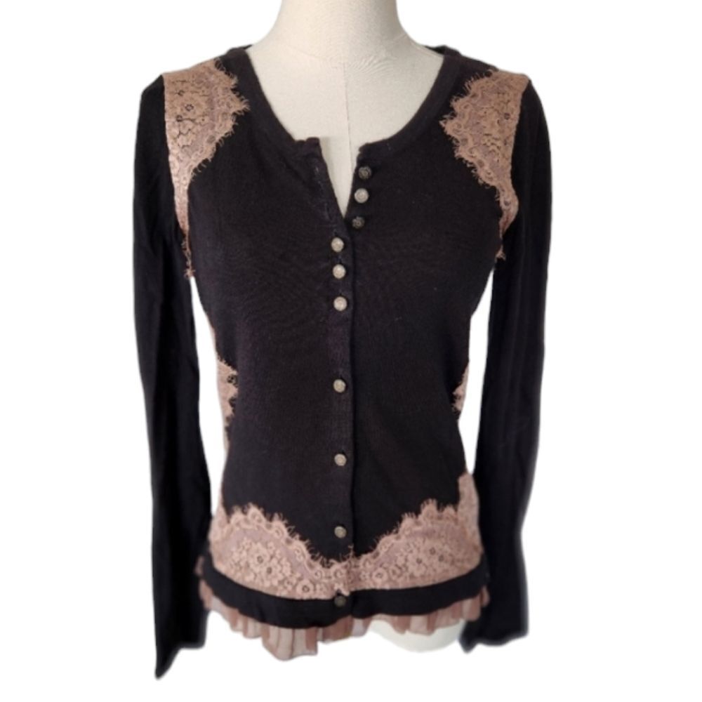 Anthropologie Knitted and Knotted black and lace Cardigan sweater - Size Small